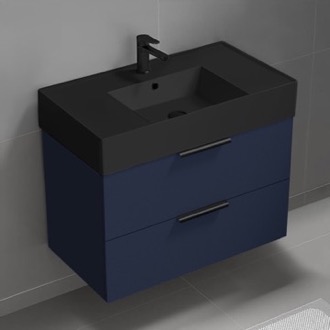 Bathroom Vanity Floating Bathroom Vanity, Modern, Navy Blue, Black Ceramic Sink, 32 Inch Nameeks DERIN418